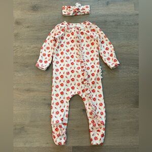 Charlie’s Project Floral Boho Rose Ruffle Footie Onesie Romper Pink White Bow